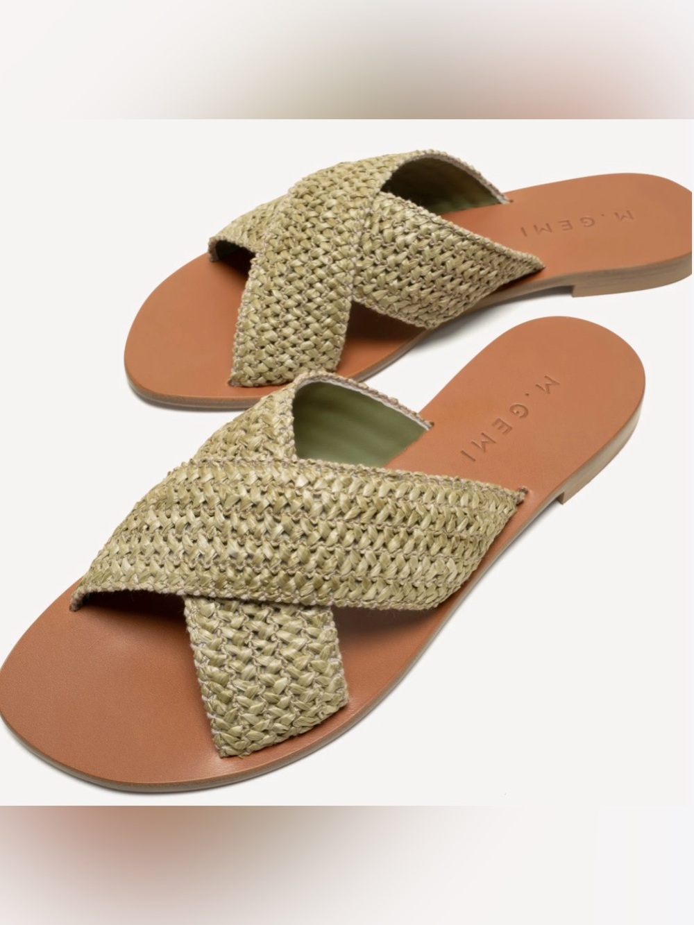 M. Gemi Braided Straw Crossband Slide Sandals in light olive
